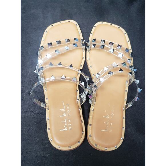 Nicole Miller New York Clear / Silver Pyramid Studded Slide on Flat Sandal - Picture 3 of 11